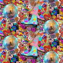 A dense, symmetrical collage pattern featuring two pastel roller skates, two mirrored disco balls, retro cassette tapes, stickers, beads, and colorful pop-culture elements in a highly vibrant, multicolor design.