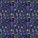 A seamless repeating pattern of colorful stars in various sizes on a dark navy blue background, featuring a dense field of small white dots.
