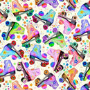 A repeating watercolor-style pattern of colorful roller skates and small stars on a light cream background. The skates are shown in many bright hues including pink, blue, purple, green, orange, and yellow, with no single dominant product color.