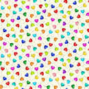 A repeating pattern of small, colorful heart-shaped candies on a light cream background.