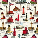 Pattern of lighthouses and associated locations on a white background