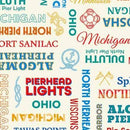 Patterned fabric with text and symbols on a white background