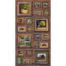 Fabric panel of a Wooden wall with framed pictures of nature scenes and animals