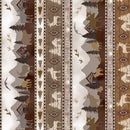 Patterned fabric with nature-themed design featuring trees, cabins, animals, and text.
