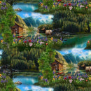 Collage of a serene lakeside scene with cabins, animals, and wildflowers.