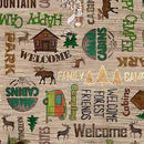 Patterned fabric with camping and nature-themed designs on a wooden background.
