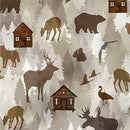 Pattern of animals and cabins on a light gray background