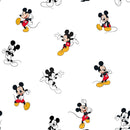 Repeating pattern of illustrated Mickeys on a white background. He is shown in both black and white and full color