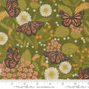 Fabric swatch featuring butterflies, green leaves, and multicolored flowers on a green background. The gold in the image is metallic. 
