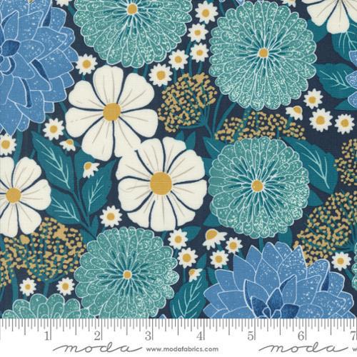 Moda Field of Flowers by Katharine Watson Dahlias and Zinnias Florals Block Print Dark Blue 3310 19 - sewjersey.com