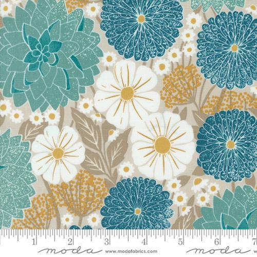 Moda Field of Flowers by Katharine Watson Dahlias and Zinnias Florals Block Print Flax 3310 12 - sewjersey.com
