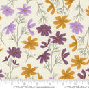 Fabric patterned with Lavender, Purple, and Gold flowers on an off white background with a Moda branded ruler for scale