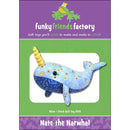 The front cover of the Nate the Narwhal soft toy pattern from Funky Friends Factory. The sample adorable narwhal is made of polka dotted fabric