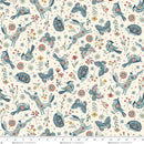 Patterned fabric with blue birds, flowers, and animals on a white background