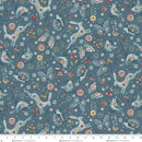 Festive fabric pattern with colorful animals and flowers on a blue background