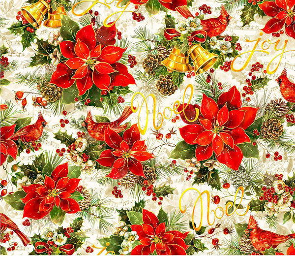 Oasis Fabrics Noel Music Poinsettias Ecru OA595401 - sewjersey.com