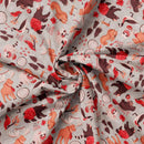 Fabric with a pattern of cartoon animals and nature elements on a gray background