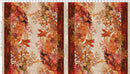 Fabric pattern featuring an intricate red and beige stripe with a variety of Asian motifs including cranes, fans, and spider lilies. There is a ruler along the top edge for scale. It shows that the pattern repeats twice per width of fabric. 