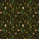 Fabric patterned with vines, stars, and planets on a black background. 