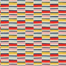 Fabric patterned with staggered stripes in white, blue, pink, yellow, and red