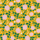 Floral pattern with pink flowers and green leaves on a yellow background