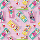 Colorful pattern of unicorn-themed inflatable pool floats on a pink grid background.