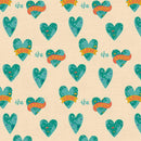 Fabric patterned with teal hearts on a cream background. The fabric includes the text "love the Earth" and each of the hearts contains a cartoon style view of the continents of the Earth