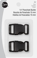 A package of 2 black 5/8" parachute buckles in white packaging. 