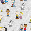 Pattern of cartoon characters from 'Peanuts' on a gray background