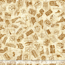 Fabric with state-themed stamps and text on a beige background