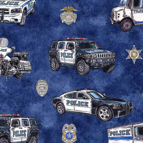 QT Fabrics American Heroes Police Police Cars Navy by Morris Creative Group 30687-N - sewjersey.com