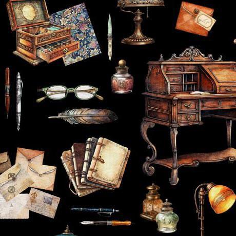 QT Fabrics Bookworm Writing Desk & Motifs Toss Black 30447 -J - sewjersey.com