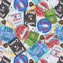 Fabric patterned with a Collection of 'Fish & Chips' themed labels and signs in various colors and designs.