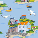 Illustration of a coastal scene with houses, boats, and seagulls on a blue background