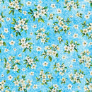 Floral pattern with white flowers and green leaves on a blue background