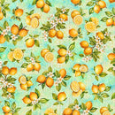 Pattern of lemons and flowers on a teal background