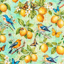 Pattern of birds, lemons, and butterflies on a green background