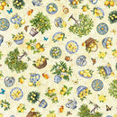 Patterned fabric with lemons, teacups, and nature elements on a beige background