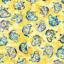 Pattern of blue teapots on a yellow background