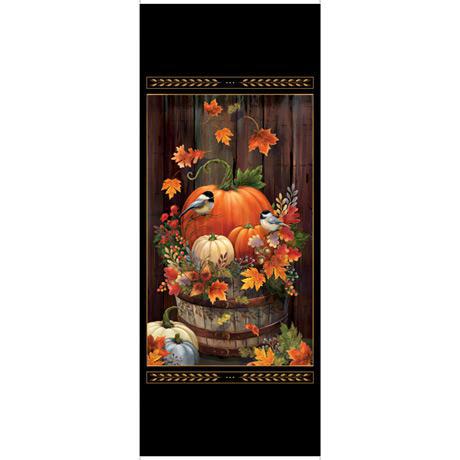QT Fabrics Harvest Elegance Panel 27669 J - quilting panel with a basket of pumpkins and autumn foliage, with two chickadees sitting on the pumpkins