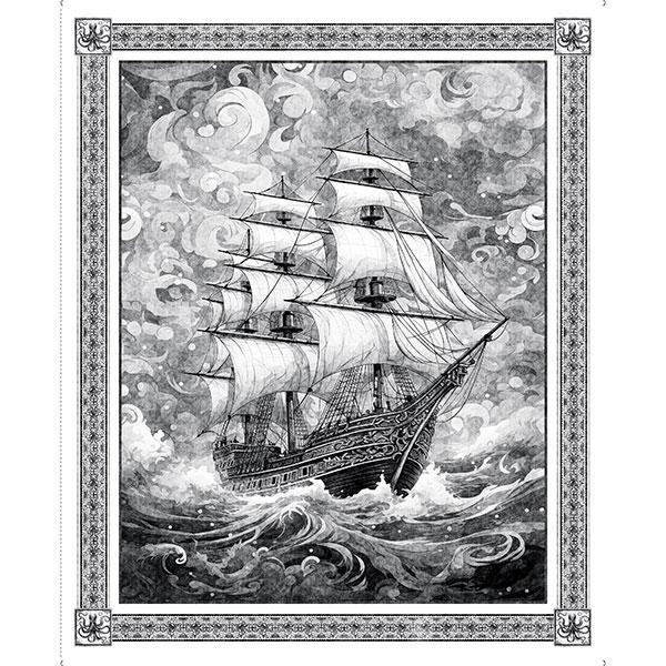 QT Fabrics Ocean Blues Ship Panel Charcoal 30854-K