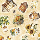 QT Fabrics Queen Bee Bee Hive & Plant Toss Lt Tan 30485-A