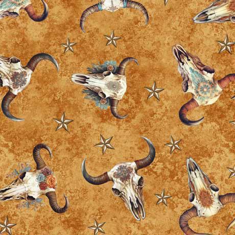 QT Fabrics Running WIld Cow Skulls Amber - 30627 -S - sewjersey.com