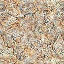 An intricate, stylized brown floral print on a tan background. 