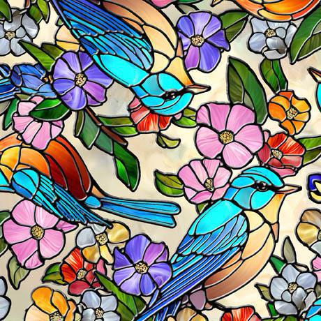 QT Fabrics Sunlit Birds Stained Glass Birds & Floral Tan 30793-A - sewjersey.com