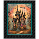 A fabric panel featuring a haunted house with a witch flying overhead in a soft, illustrative style. 