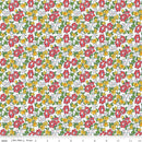 Floral pattern fabric with red, yellow, and green flowers on a white background