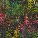 Colorful forest pattern with trees in various shades of green, pink, and yellow on a dark background.