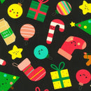 Robert Kaufman  Merry Cheer Black AAK-21023-2 - Sewjersey.com A Fabric Swatch Featuring Tossed Cartoony Christmas Imagery on a Black Background