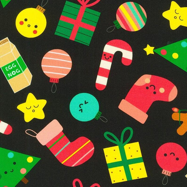 Robert Kaufman  Merry Cheer Black AAK-21023-2 - Sewjersey.com A Fabric Swatch Featuring Tossed Cartoony Christmas Imagery on a Black Background